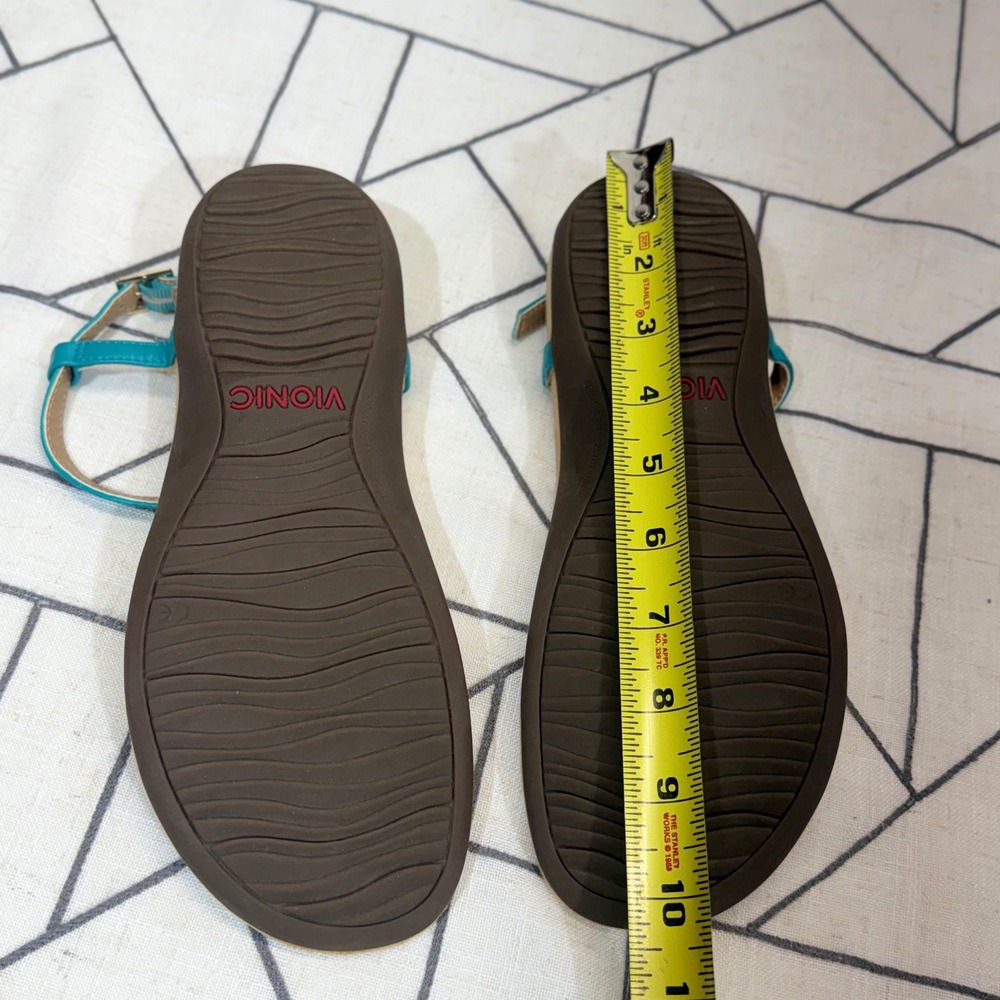 Vionic Sandals Size 8 Teal Leather Gold Studded Orthotic T-Strap Ankle Strap - Picture 7 of 9